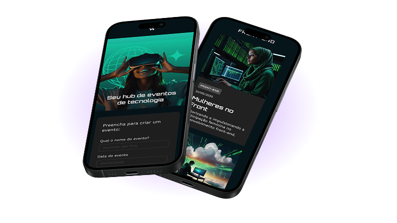 Tela do App Tecboard em dois celulares pretos sobrepostos, com destaque para o hub de eventos em tecnologia